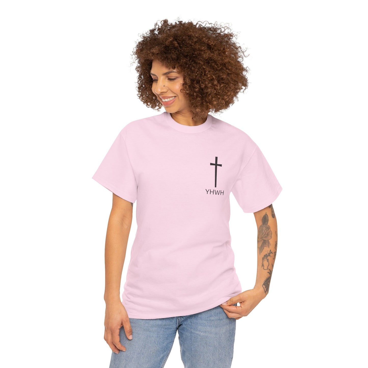 Simple Heavy Cotton Tee with Cross Design and YHWH, Spiritual T-Shirt, Casual Streetwear, Christian Gift, Everyday Wear
