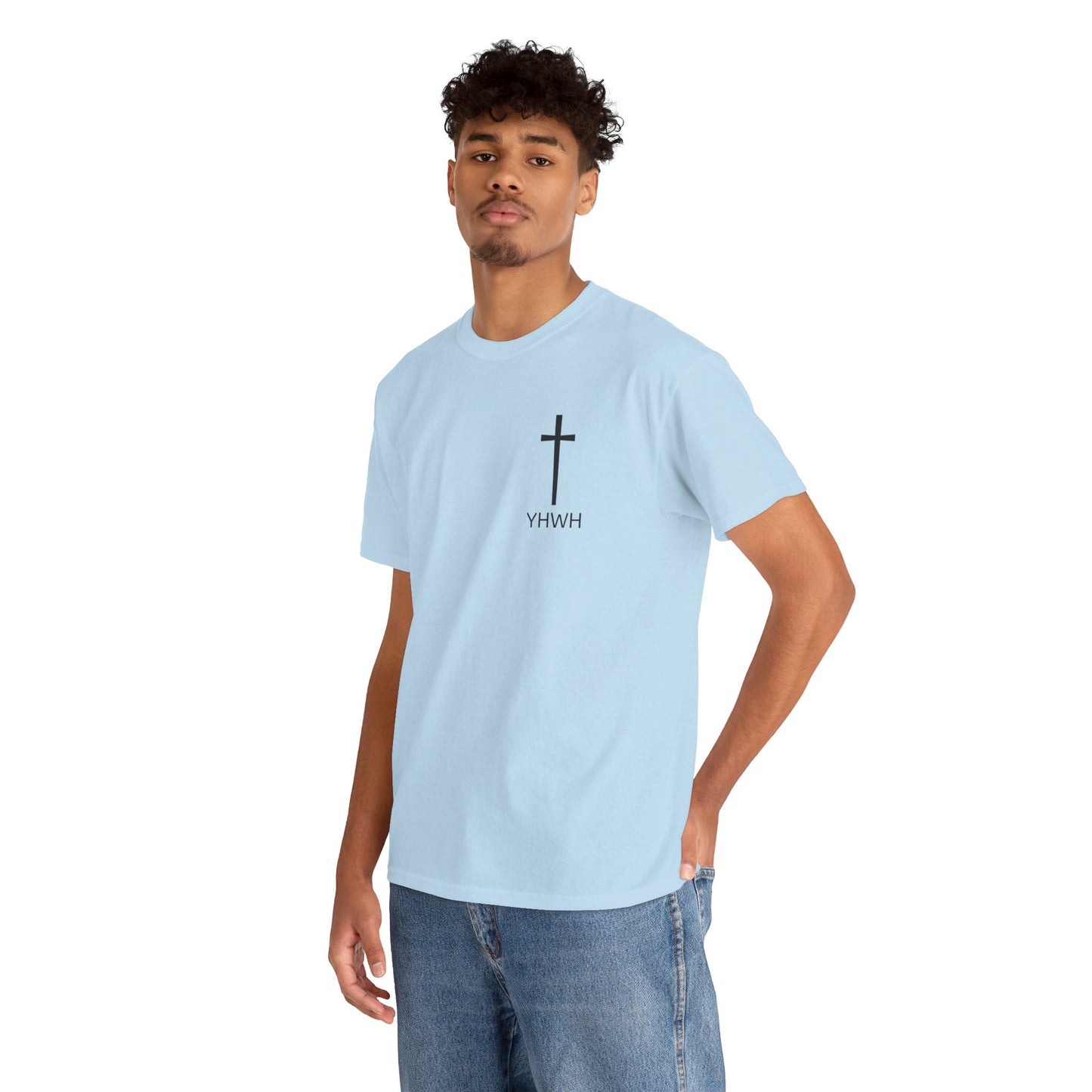 Simple Heavy Cotton Tee with Cross Design and YHWH, Spiritual T-Shirt, Casual Streetwear, Christian Gift, Everyday Wear