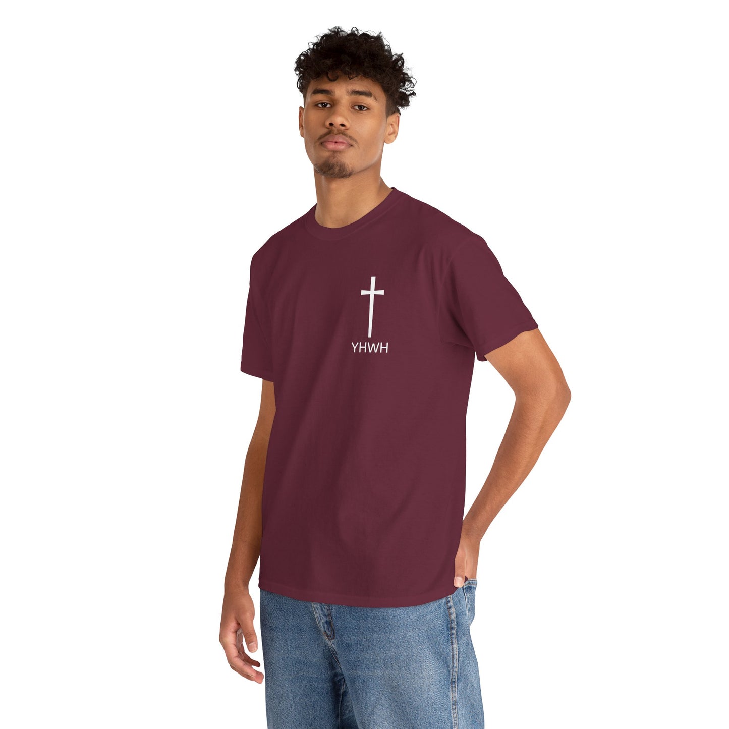Simple Heavy Cotton Tee with Cross Design and YHWH, Spiritual T-Shirt, Casual Streetwear, Christian Gift, Everyday Wear