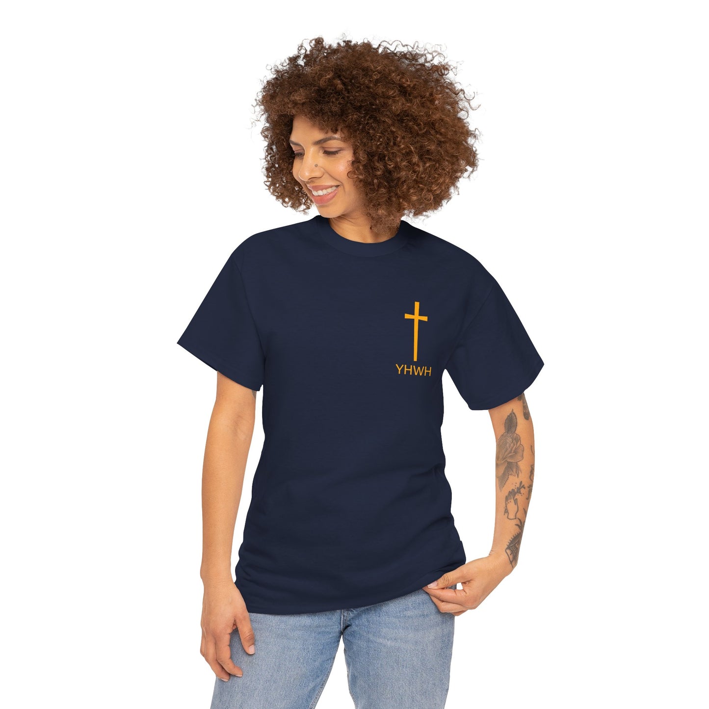 Simple Heavy Cotton Tee with Cross Design and YHWH, Spiritual T-Shirt, Casual Streetwear, Christian Gift, Everyday Wear