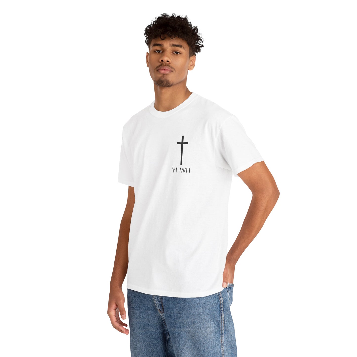Simple Heavy Cotton Tee with Cross Design and YHWH, Spiritual T-Shirt, Casual Streetwear, Christian Gift, Everyday Wear