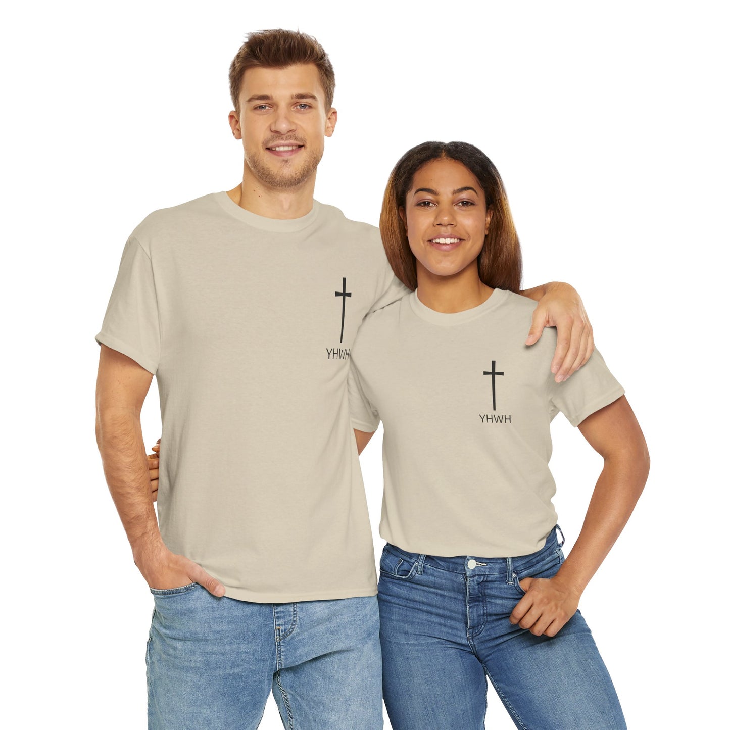 Simple Heavy Cotton Tee with Cross Design and YHWH, Spiritual T-Shirt, Casual Streetwear, Christian Gift, Everyday Wear