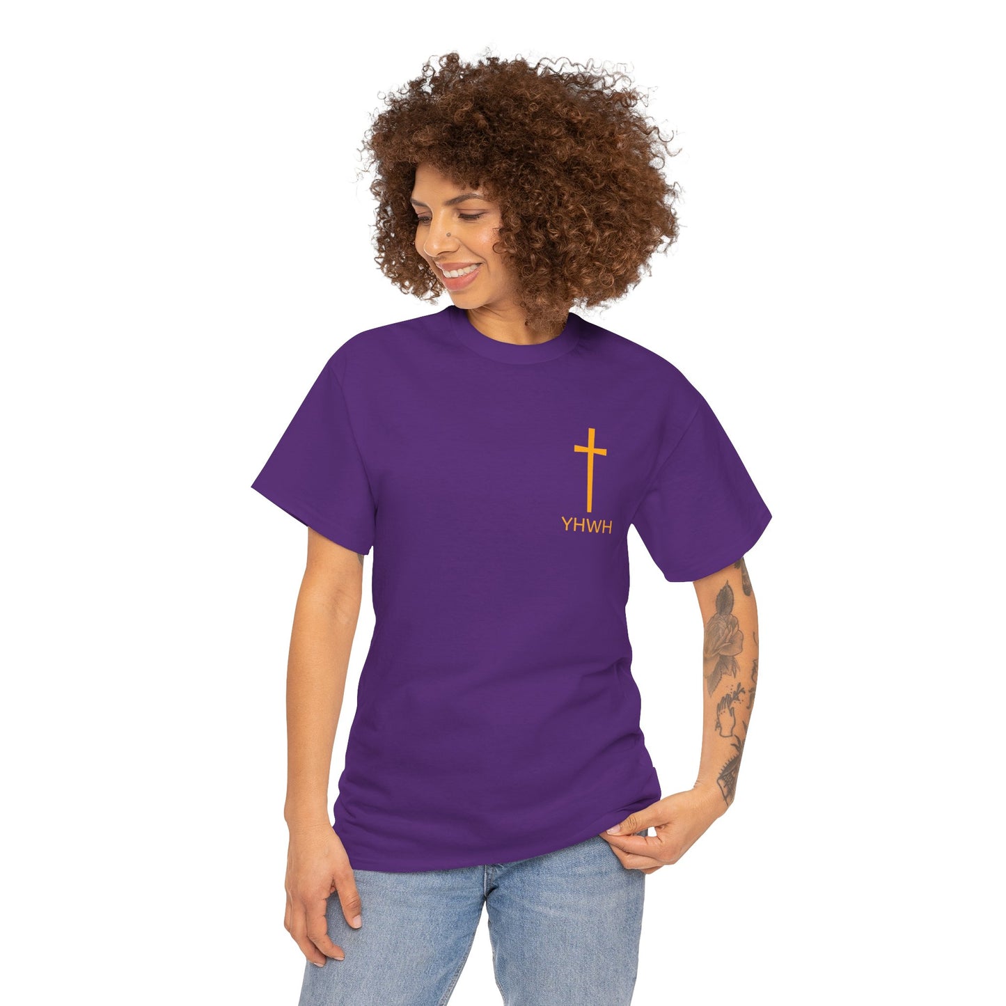 Simple Heavy Cotton Tee with Cross Design and YHWH, Spiritual T-Shirt, Casual Streetwear, Christian Gift, Everyday Wear