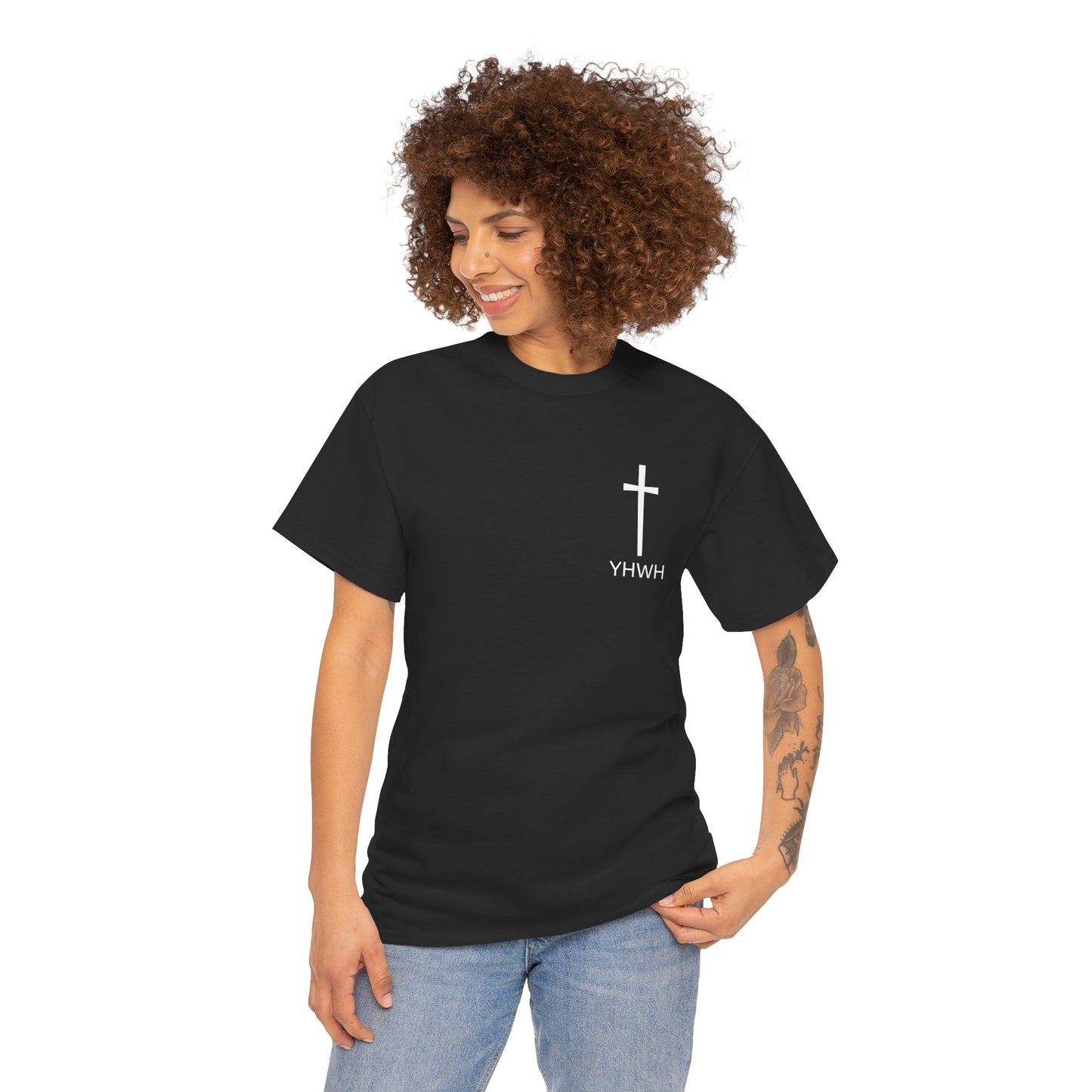 Simple Heavy Cotton Tee with Cross Design and YHWH, Spiritual T-Shirt, Casual Streetwear, Christian Gift, Everyday Wear