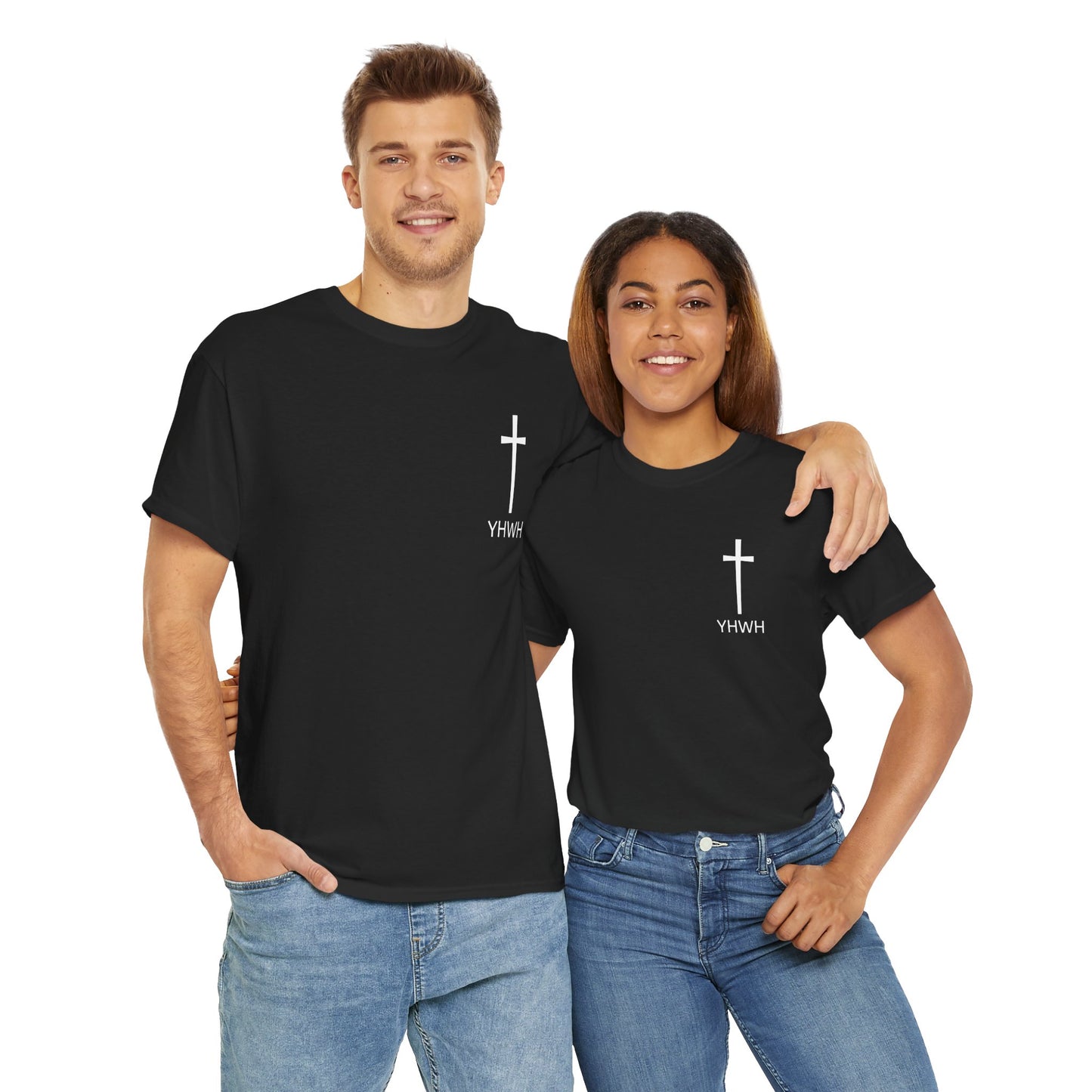 Simple Heavy Cotton Tee with Cross Design and YHWH, Spiritual T-Shirt, Casual Streetwear, Christian Gift, Everyday Wear