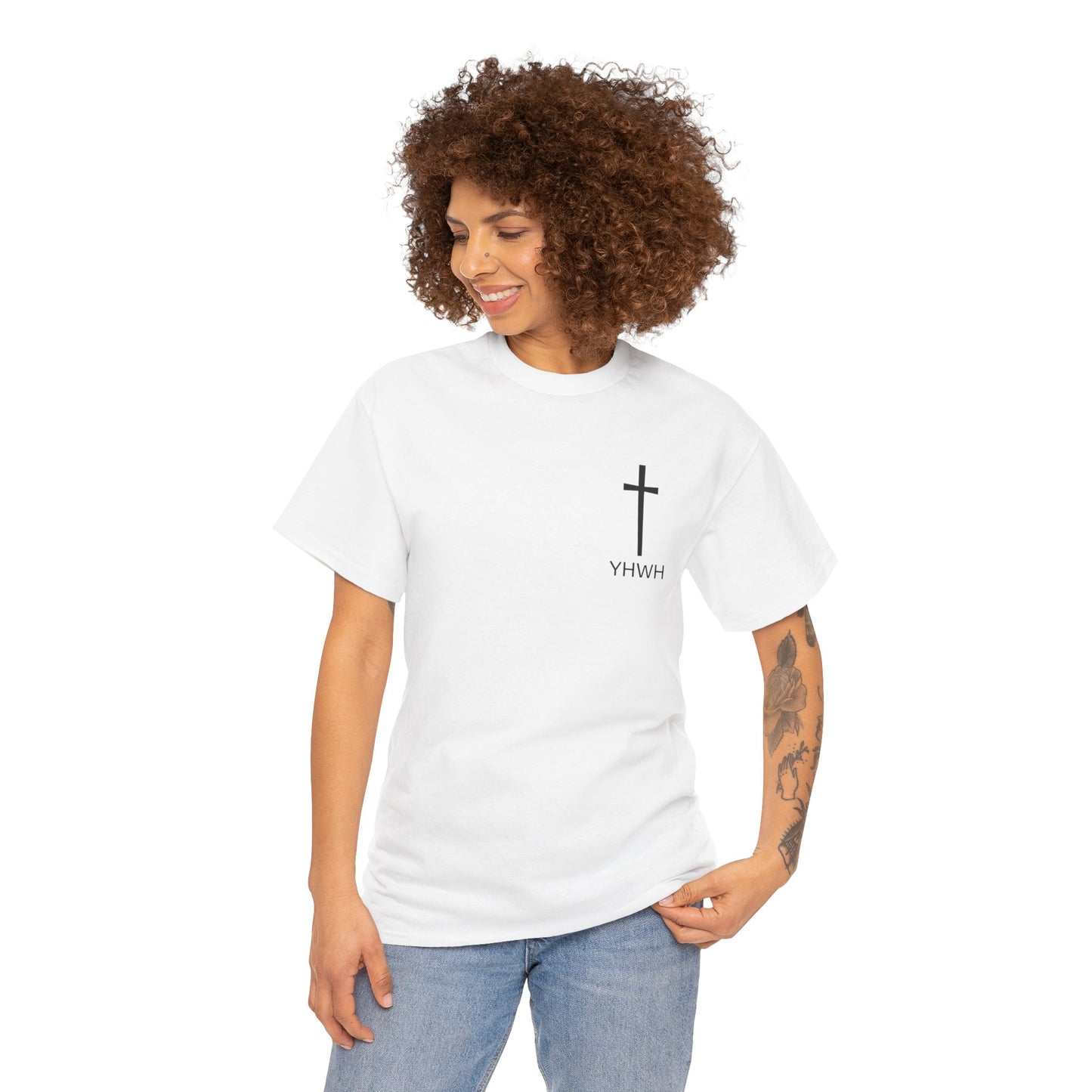 Simple Heavy Cotton Tee with Cross Design and YHWH, Spiritual T-Shirt, Casual Streetwear, Christian Gift, Everyday Wear