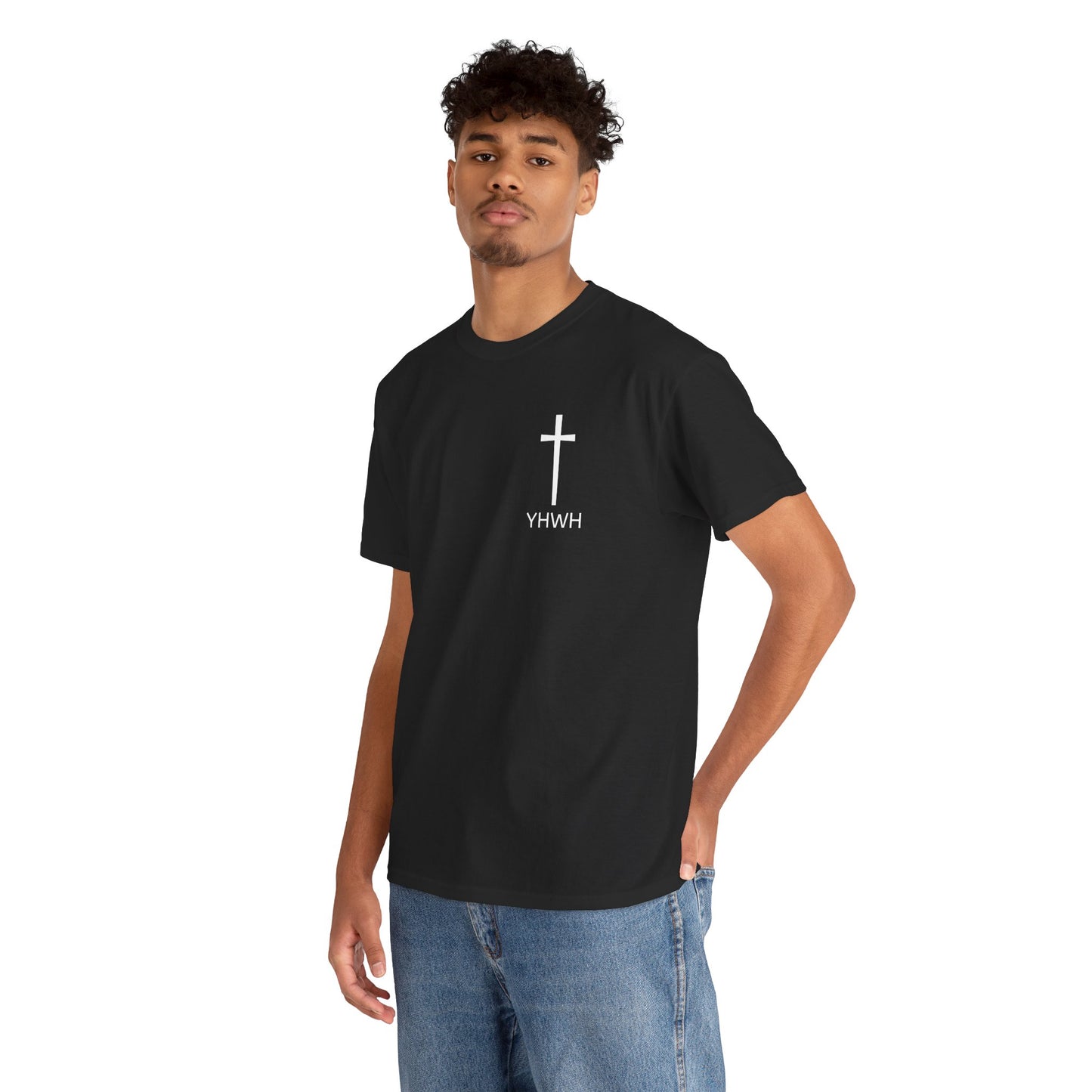 Simple Heavy Cotton Tee with Cross Design and YHWH, Spiritual T-Shirt, Casual Streetwear, Christian Gift, Everyday Wear