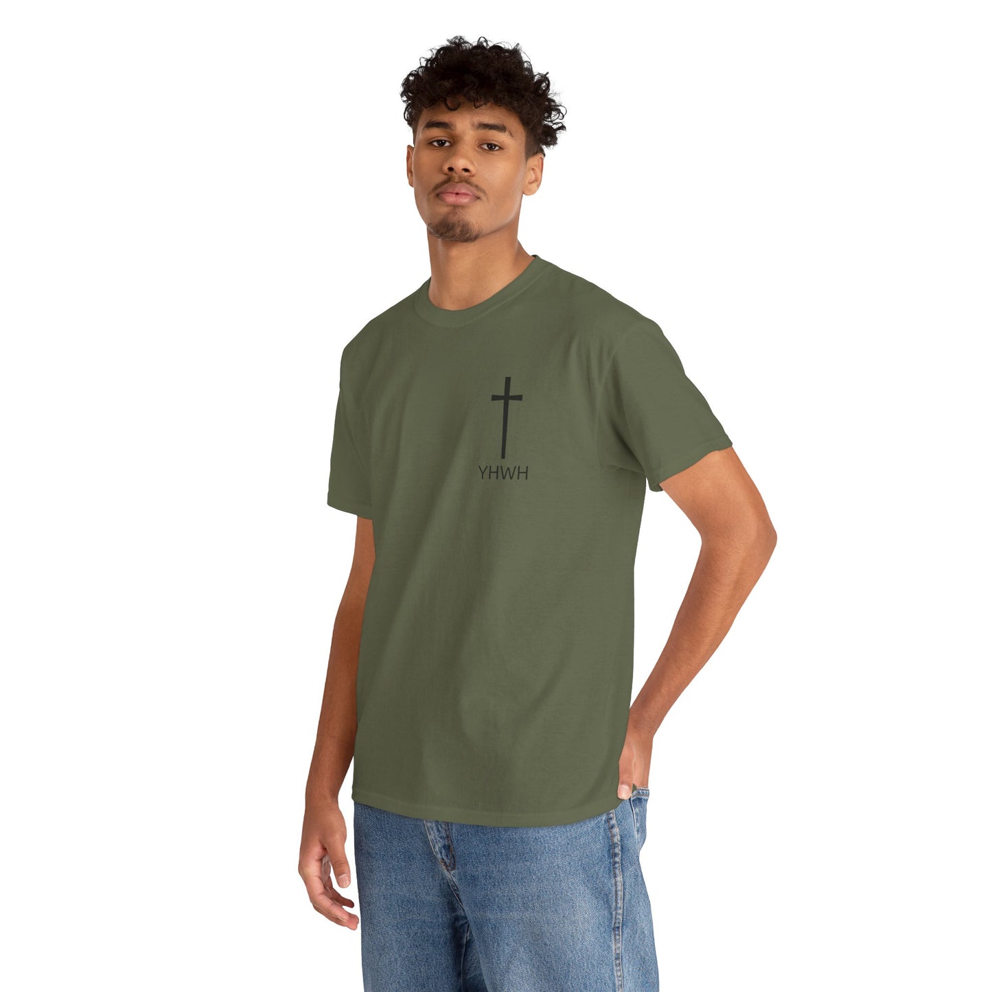Simple Heavy Cotton Tee with Cross Design and YHWH, Spiritual T-Shirt, Casual Streetwear, Christian Gift, Everyday Wear