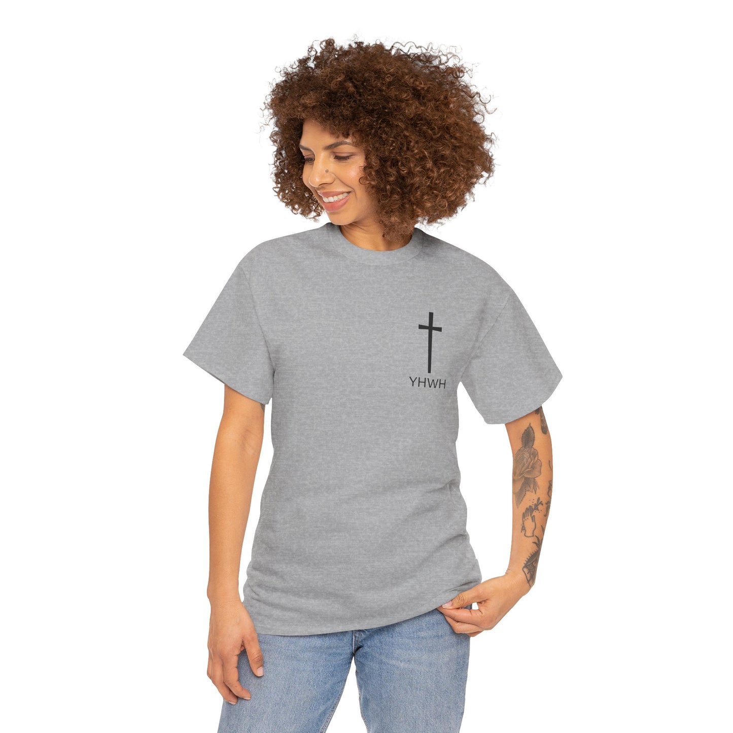 Simple Heavy Cotton Tee with Cross Design and YHWH, Spiritual T-Shirt, Casual Streetwear, Christian Gift, Everyday Wear