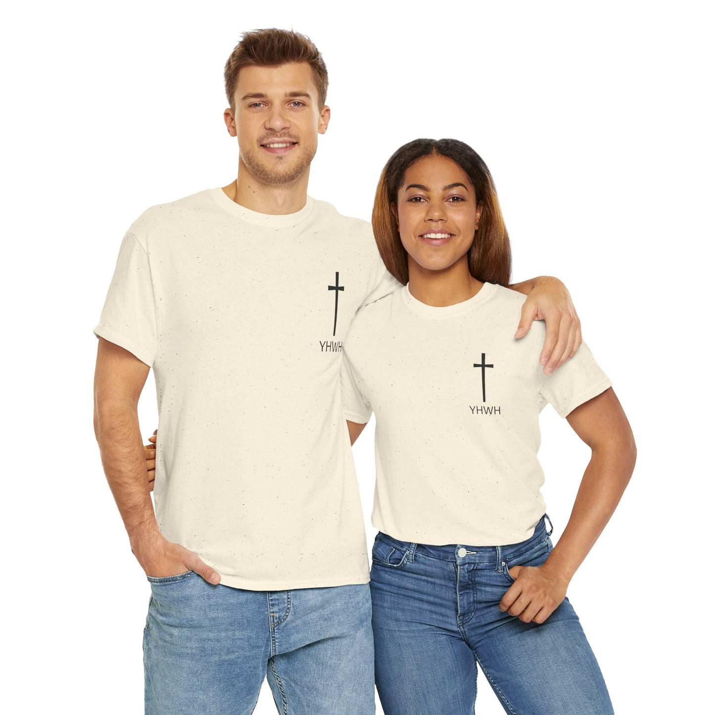 Simple Heavy Cotton Tee with Cross Design and YHWH, Spiritual T-Shirt, Casual Streetwear, Christian Gift, Everyday Wear