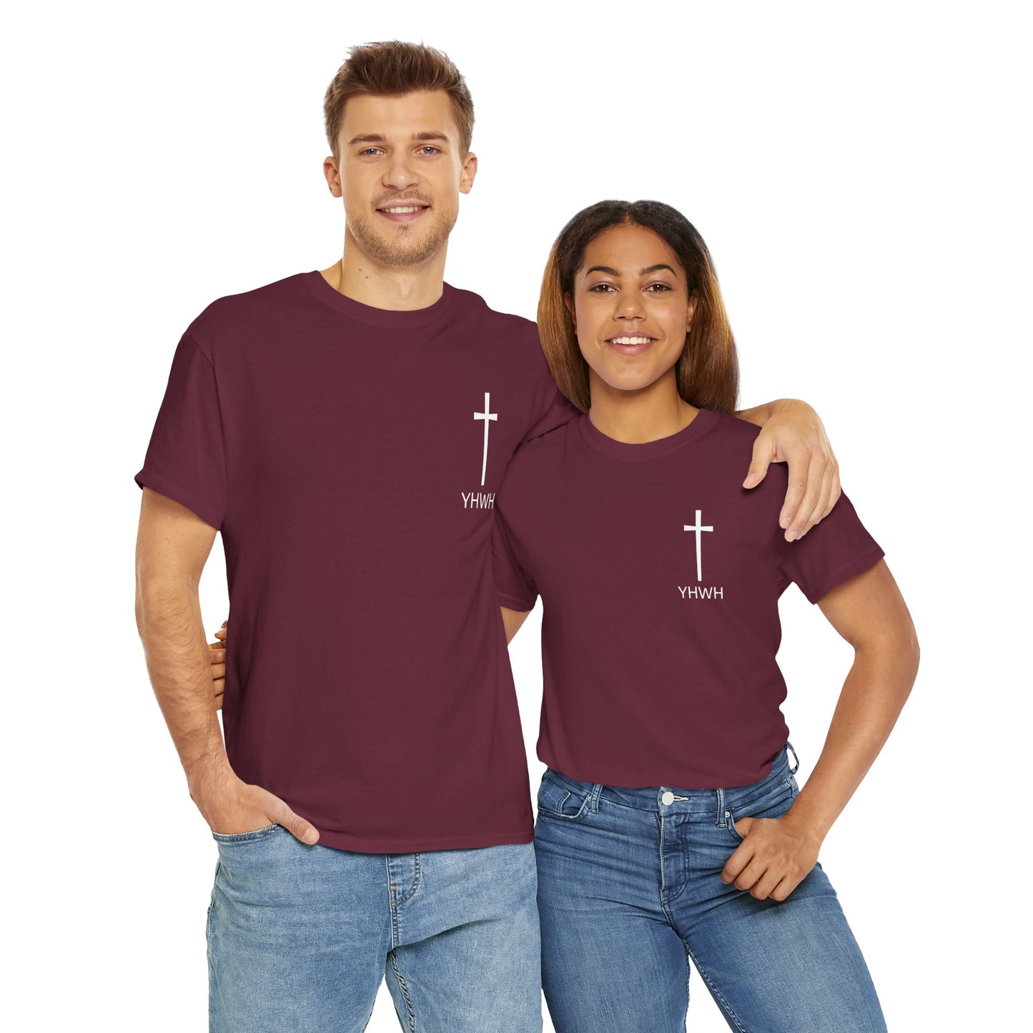 Simple Heavy Cotton Tee with Cross Design and YHWH, Spiritual T-Shirt, Casual Streetwear, Christian Gift, Everyday Wear