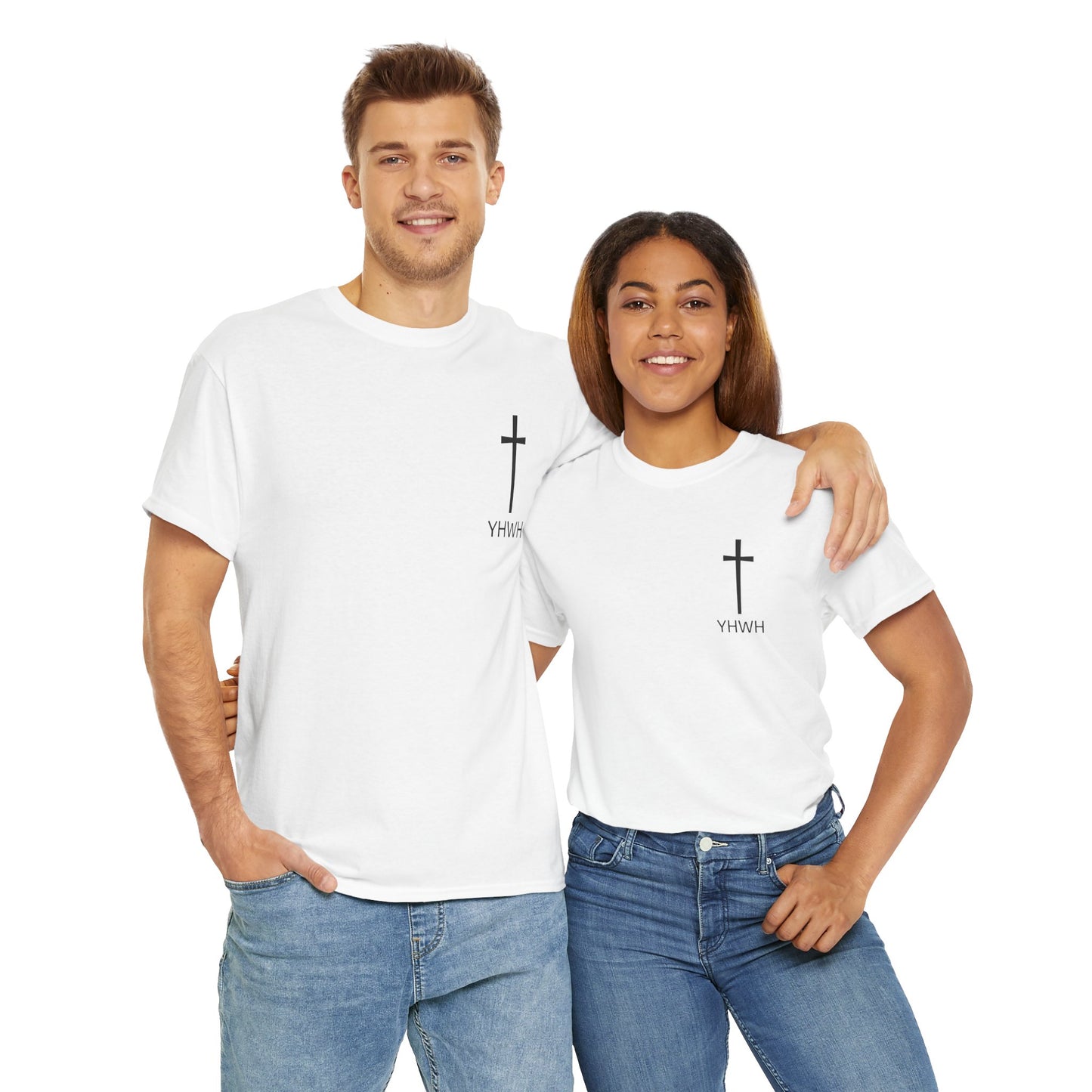 Simple Heavy Cotton Tee with Cross Design and YHWH, Spiritual T-Shirt, Casual Streetwear, Christian Gift, Everyday Wear