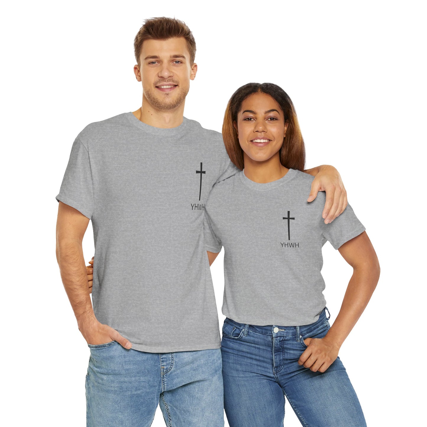 Simple Heavy Cotton Tee with Cross Design and YHWH, Spiritual T-Shirt, Casual Streetwear, Christian Gift, Everyday Wear