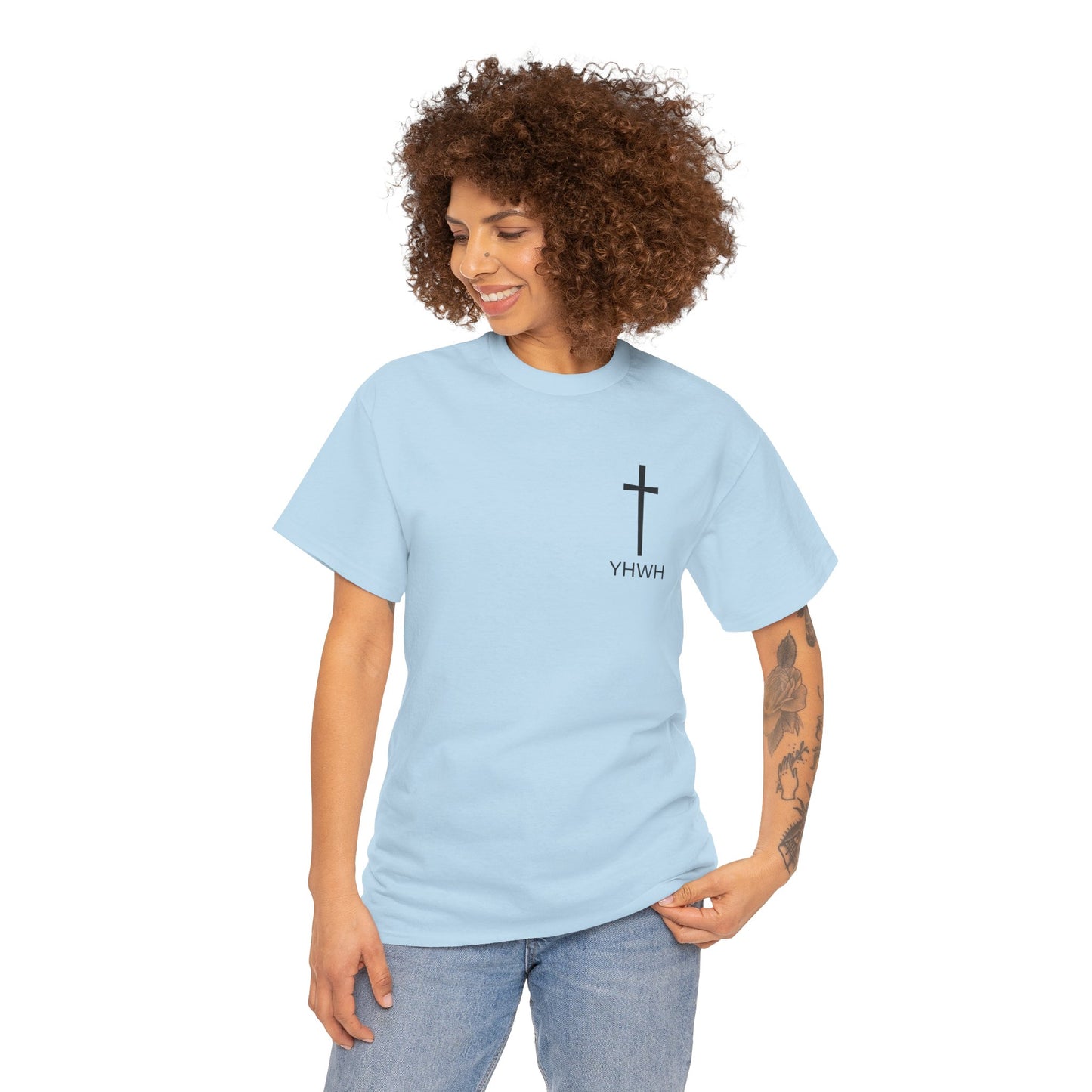 Simple Heavy Cotton Tee with Cross Design and YHWH, Spiritual T-Shirt, Casual Streetwear, Christian Gift, Everyday Wear