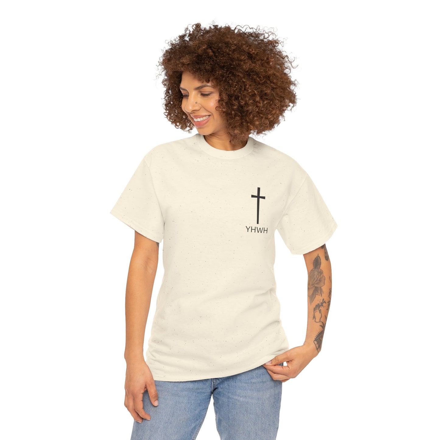 Simple Heavy Cotton Tee with Cross Design and YHWH, Spiritual T-Shirt, Casual Streetwear, Christian Gift, Everyday Wear