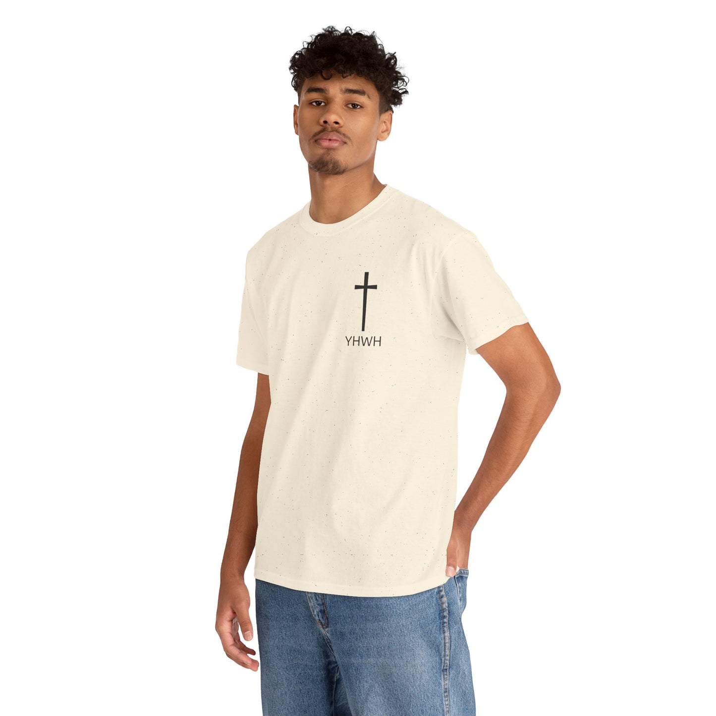 Simple Heavy Cotton Tee with Cross Design and YHWH, Spiritual T-Shirt, Casual Streetwear, Christian Gift, Everyday Wear