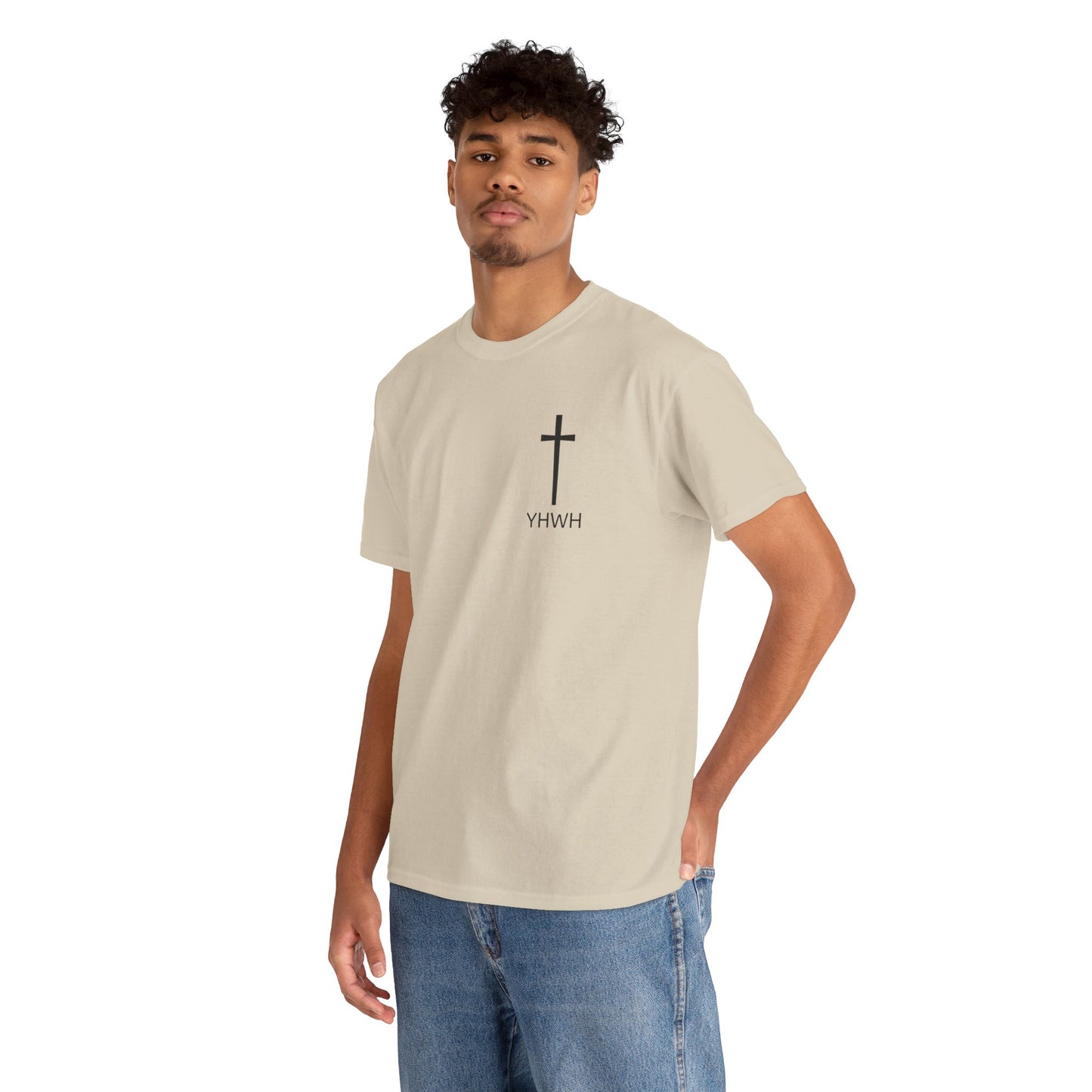 Simple Heavy Cotton Tee with Cross Design and YHWH, Spiritual T-Shirt, Casual Streetwear, Christian Gift, Everyday Wear
