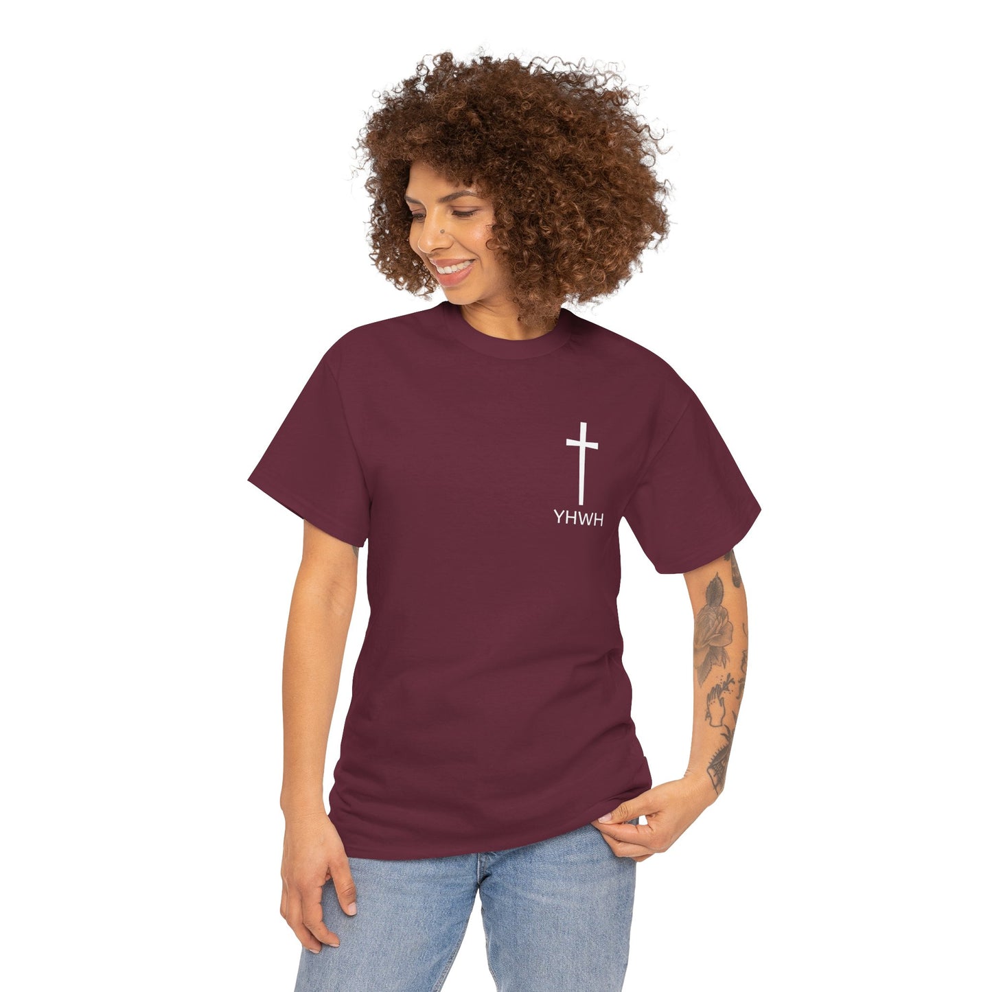 Simple Heavy Cotton Tee with Cross Design and YHWH, Spiritual T-Shirt, Casual Streetwear, Christian Gift, Everyday Wear