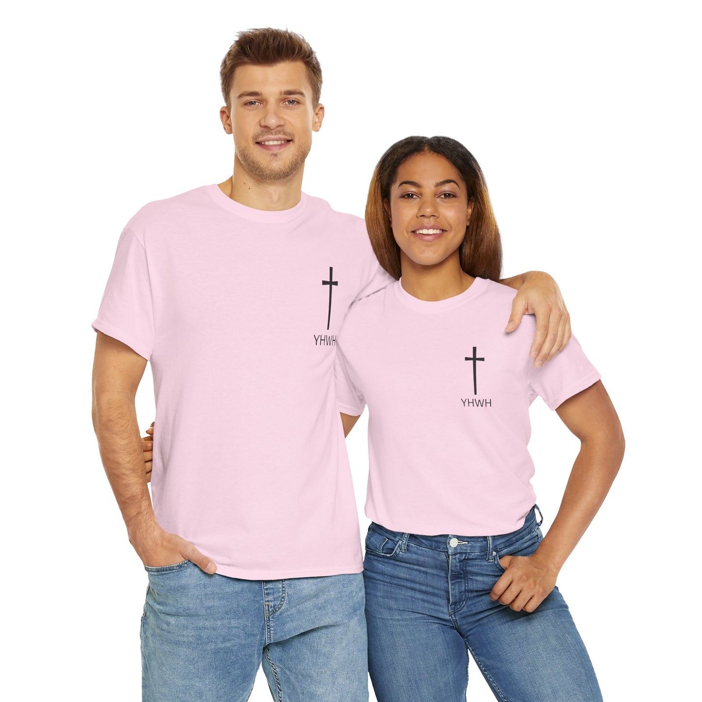 Simple Heavy Cotton Tee with Cross Design and YHWH, Spiritual T-Shirt, Casual Streetwear, Christian Gift, Everyday Wear