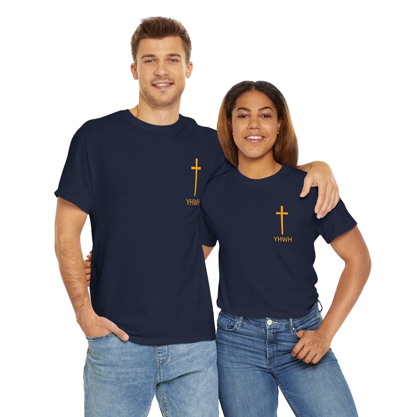 Simple Heavy Cotton Tee with Cross Design and YHWH, Spiritual T-Shirt, Casual Streetwear, Christian Gift, Everyday Wear