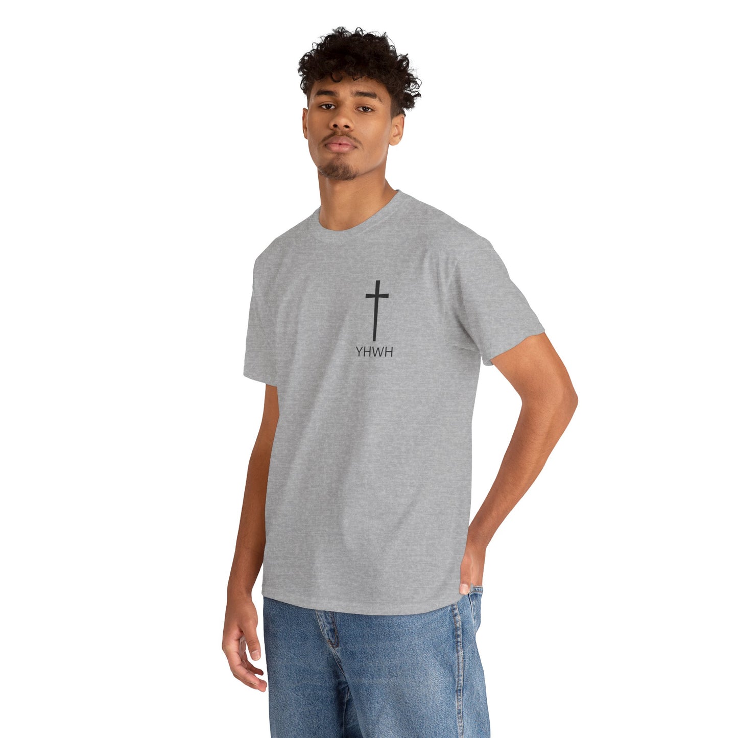 Simple Heavy Cotton Tee with Cross Design and YHWH, Spiritual T-Shirt, Casual Streetwear, Christian Gift, Everyday Wear