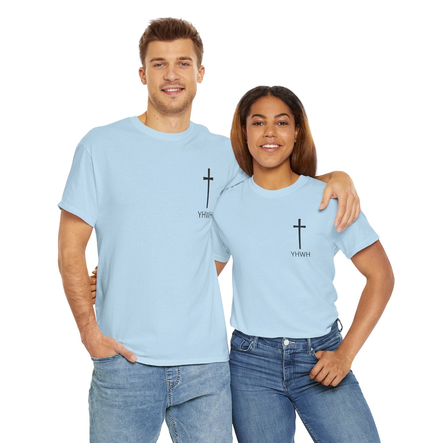 Simple Heavy Cotton Tee with Cross Design and YHWH, Spiritual T-Shirt, Casual Streetwear, Christian Gift, Everyday Wear