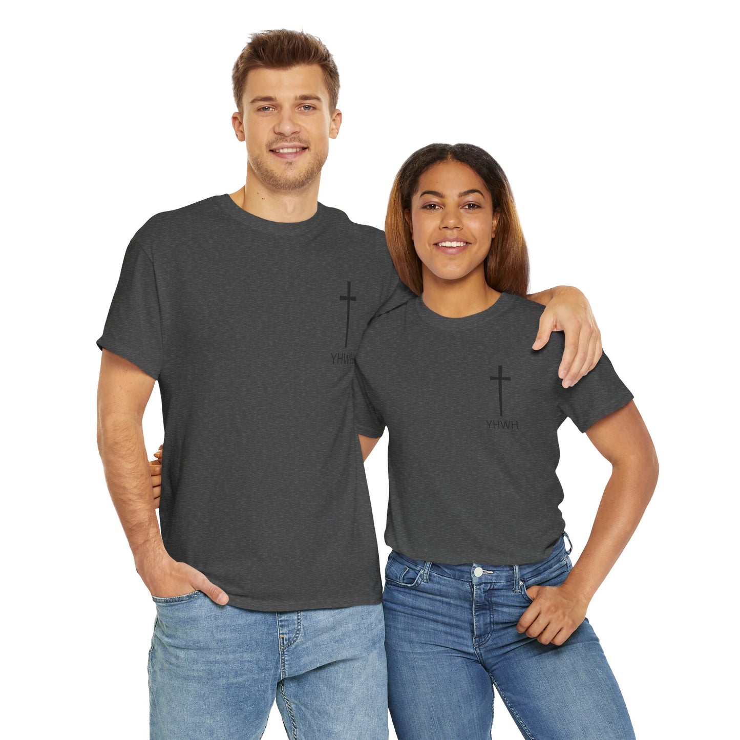 Simple Heavy Cotton Tee with Cross Design and YHWH, Spiritual T-Shirt, Casual Streetwear, Christian Gift, Everyday Wear