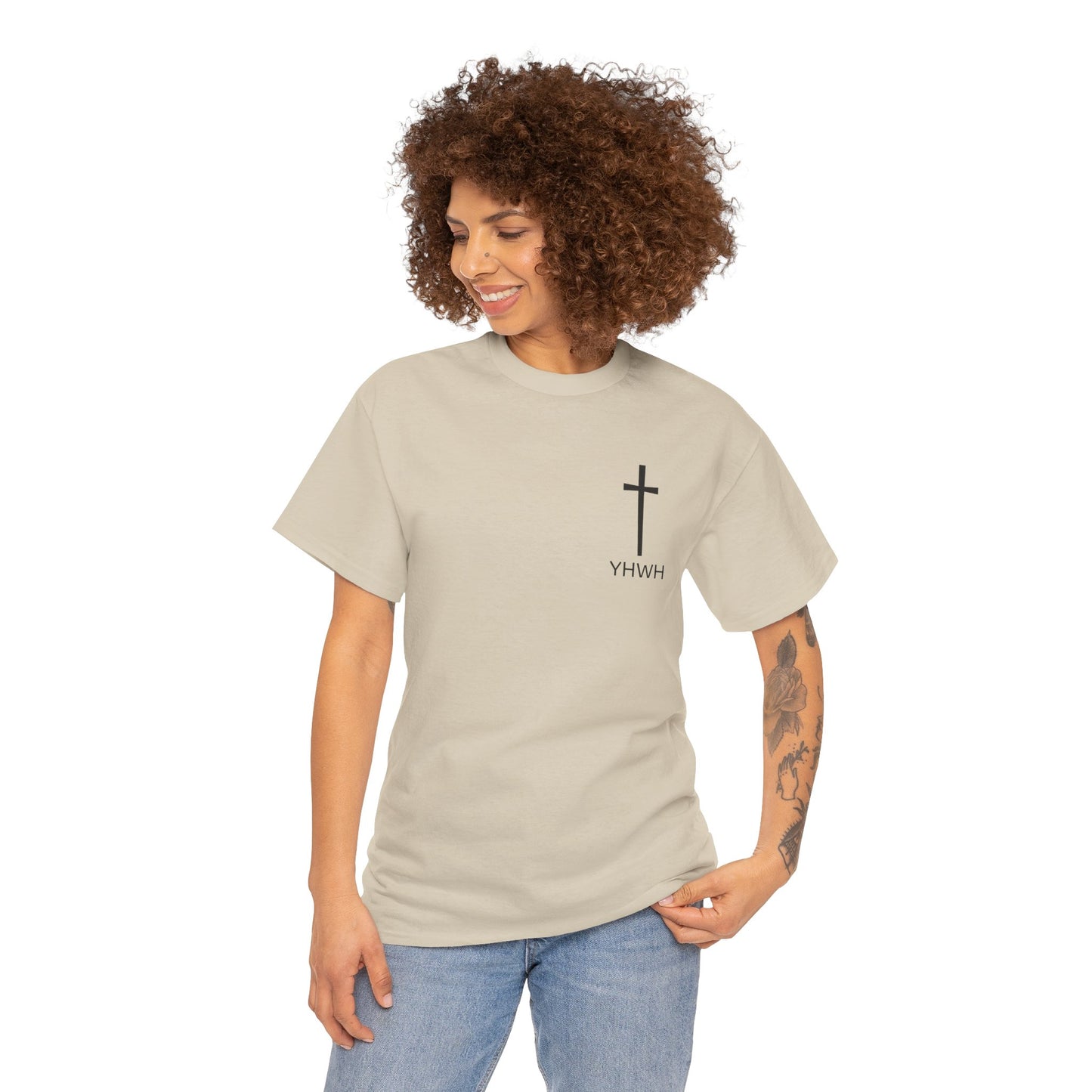 Simple Heavy Cotton Tee with Cross Design and YHWH, Spiritual T-Shirt, Casual Streetwear, Christian Gift, Everyday Wear